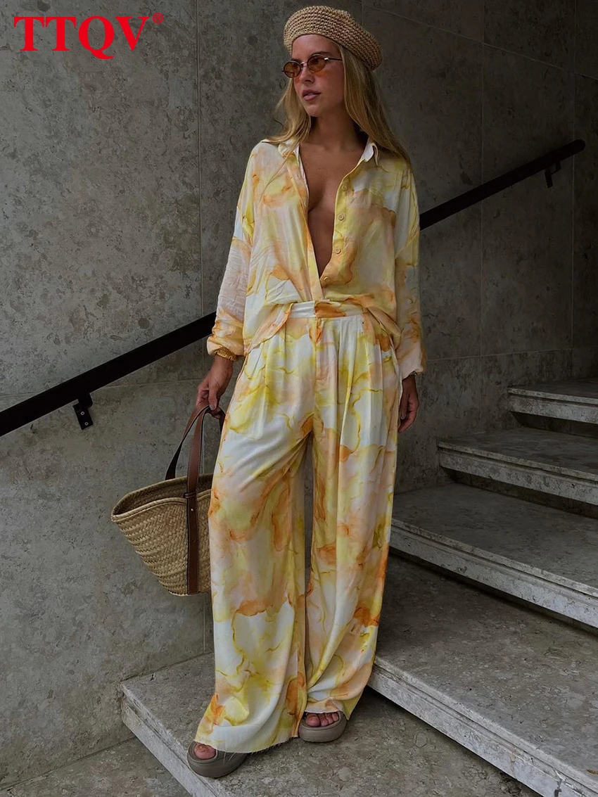 

Комплект из двух предметов TTQV с желтым принтом для женщин, Повседневная Блузка с отворотом и длинным рукавом и свободные прямые длинные брюки, Женский комплект на лето