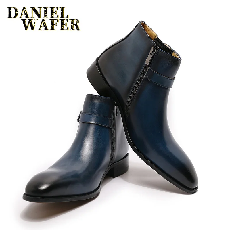 Ankle Boots Leather Shoes Black Blue High Grade Zipper Buckl