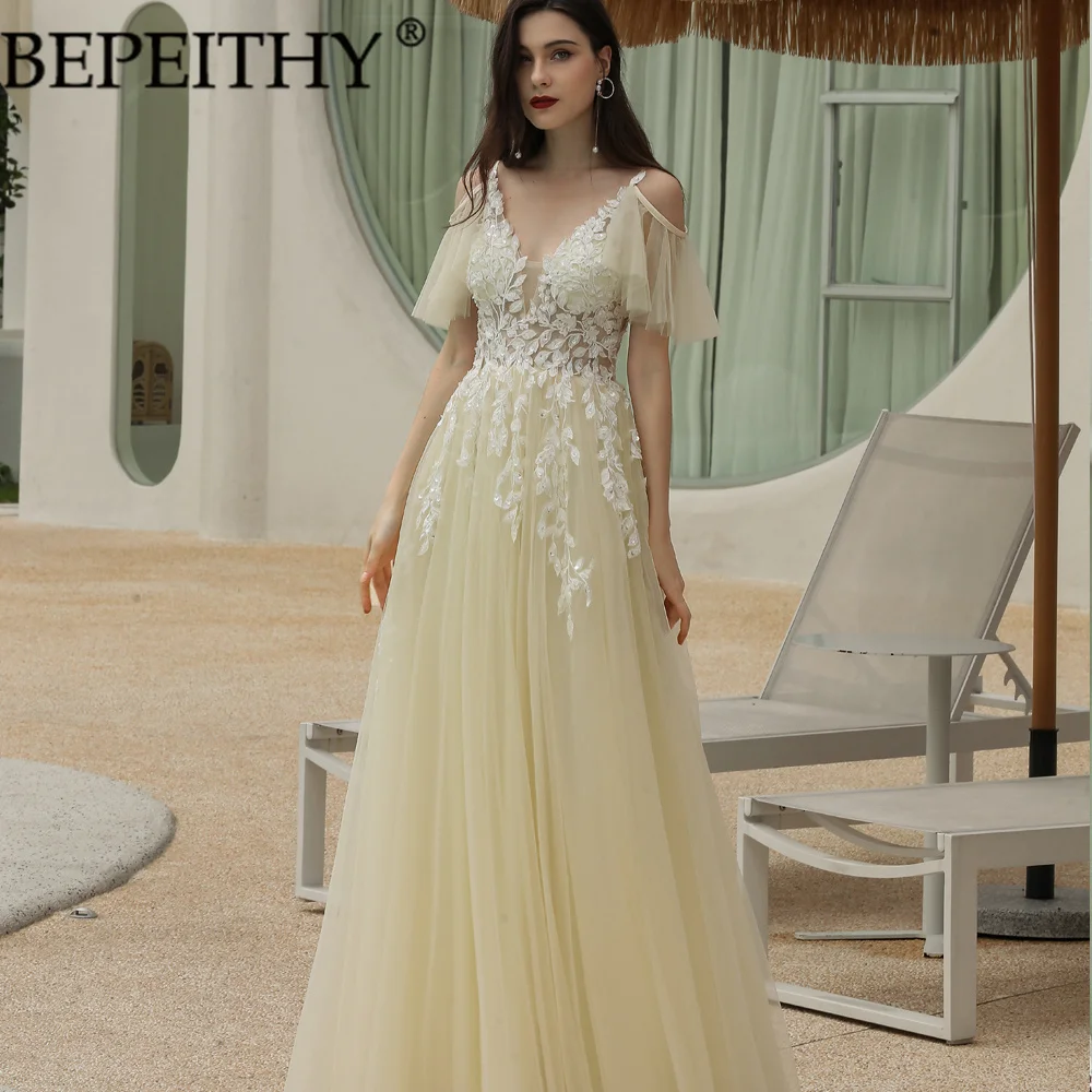 

BEPEITHY Vestido De Festa New Arrival Yellow Exquisite V Neck Applique Beading Tulle Long Prom Party Gowns 2022 Custom Made