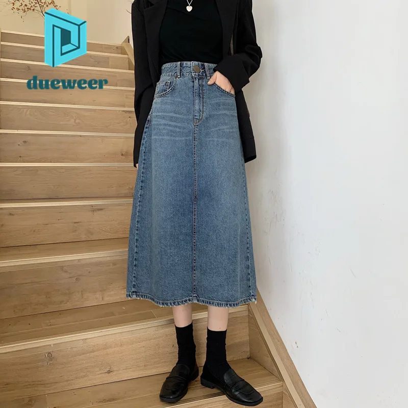 

DUEWEER Casual Denim Midi Skirt for Women 2022 Harajuku Fall Clothes High Waist Long Skirt Women's Korean Fashion Streetwear
