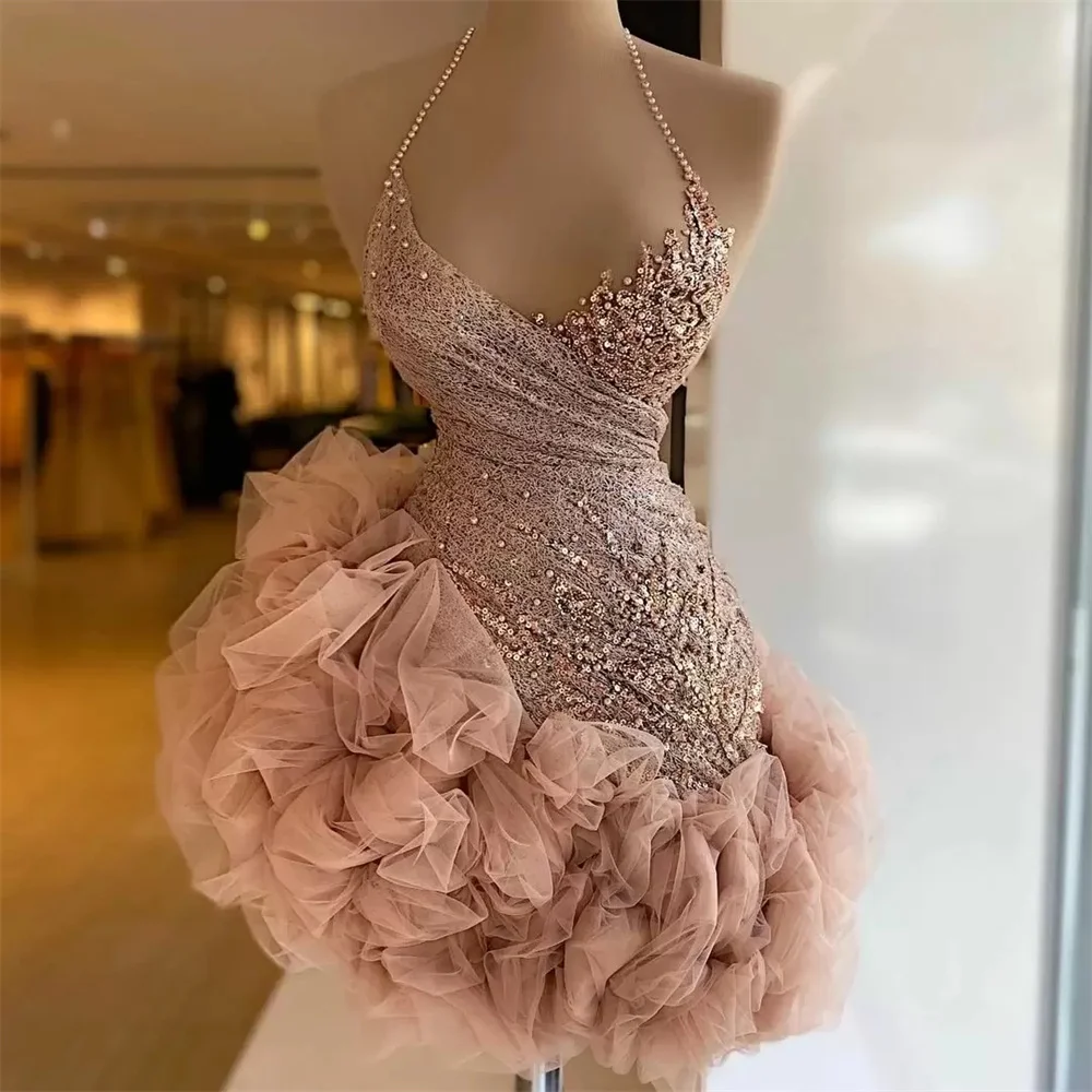 

Dusty Pink Ruffles Short Cocktail Dresses Mini Prom Dress Beading Halter Lace Sequins Party Robes Vestido De Novia فساتين مناسب