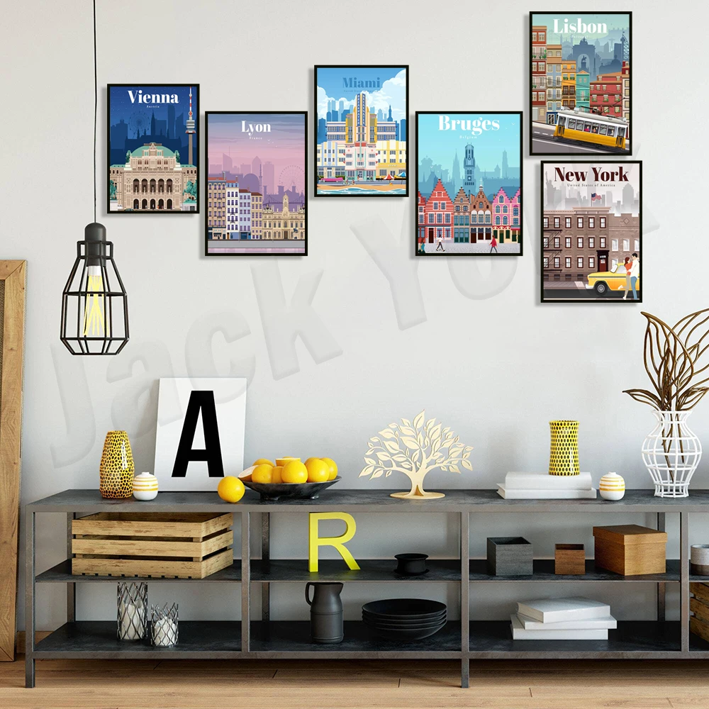 Постеры для путешествий в Канаду, Нью-Йорк, Португалию, Вену, Шотландию, Майами, Марокко, Лион, Францию, Хьюстон, Хельсинки, Финляндию, Бельгию