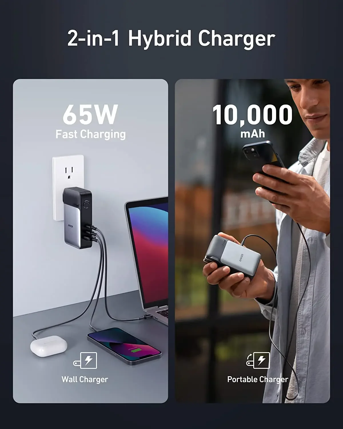 Фото Anker 733 Power Bank GaNPrime PowerCore Гибридное зарядное устройство 2-в-1, 65 Вт, 10000 мАч, 30 Вт, портативное зарядное устройство USB-C с настенным зарядным устройством 65 Вт №3