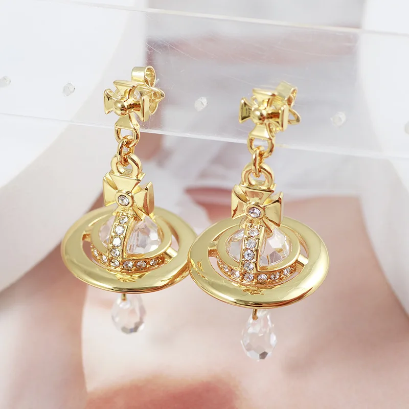 

European and American Fashion Brand Saturn Planet Inlaid Small Diamond Water Drop Single Diamond Long Earrings Mixed Batch