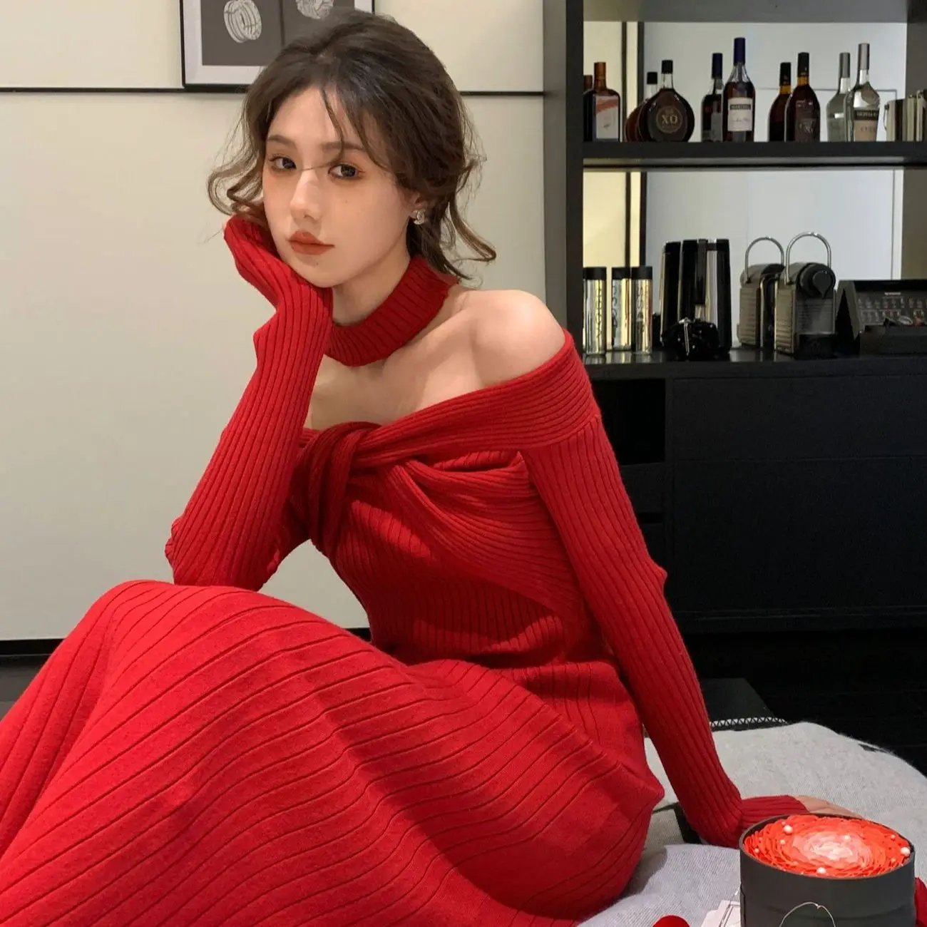 

Evening Dress For Women Winter Neckband Off Shoulder High Waist ins Temperament Long Sleeve Knitted