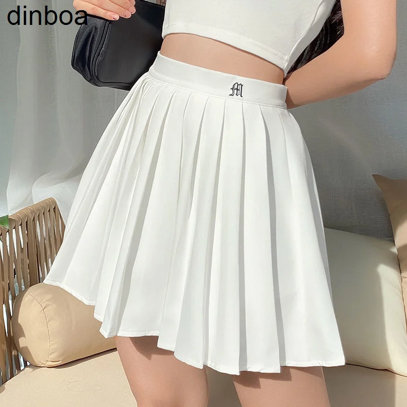 Summer White Sexy Pleated Skirt Woman Y2k Elastic High Waist A-line Mini Skirt Vintage College Style Embroidery Tennis Skirt New