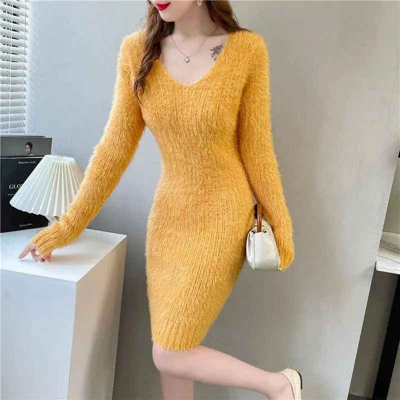 

Thick Knitted Dress V Neck Loose Korean Knitwear Midi Dresses Elegant Casual Sweater Vestidos Women Fall Winter New Robe Q548