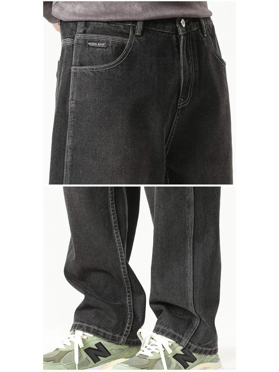 Four Seasons American Loose Straight Jeans Men's Trend Black Casual Wide Leg Pants Y2K Men Jeans Fashion Streetwear Men's JEANS