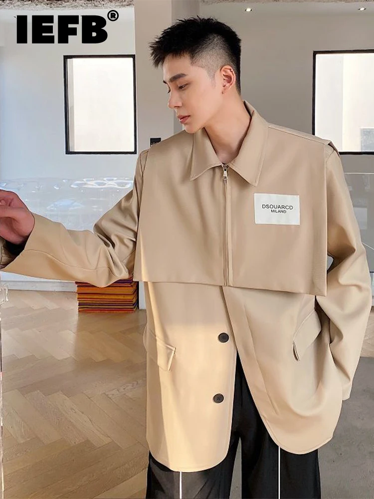 

IEFB Autumn Two-piece Set Korean Men's Suit Jacket Trend Design Shawl Patchwork Fashionable Niche Chic Blazers 2023 New 9A0948