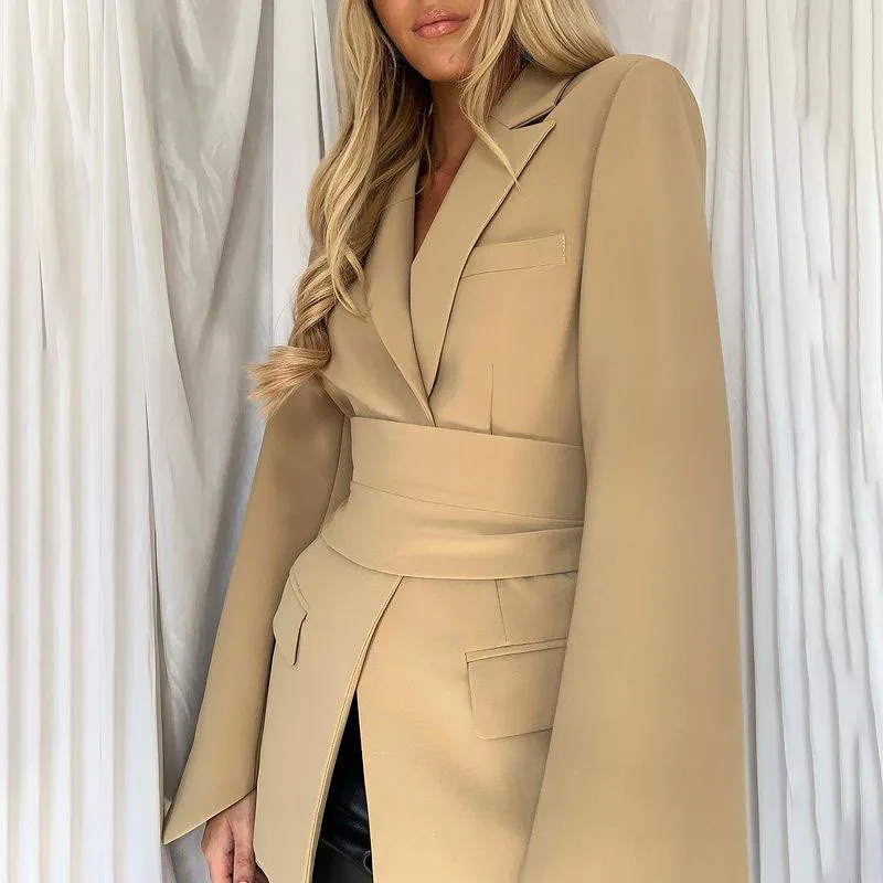 Fashion Solid Colors Blazers with Sashes Women Solid Colors Long Sleeve Buttonless Commute Blazer 2023 New Fashion Office Suits