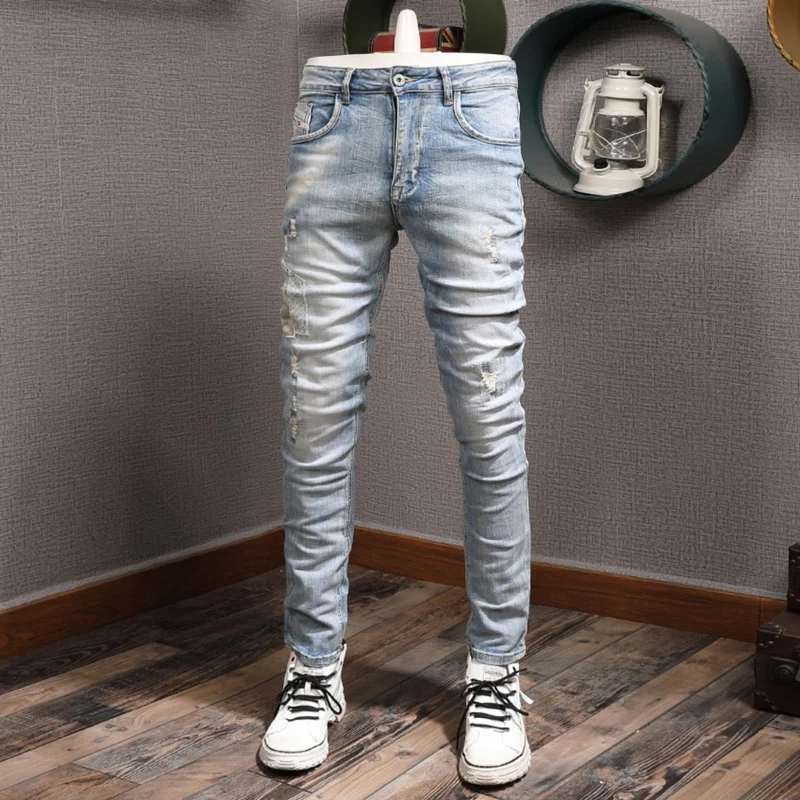Vintage Fashion Men Jeans Retro Light Blue Stretch Slim Fit Ripped Jeans Men Elastic Trousers Patched Designer Pants Hombre