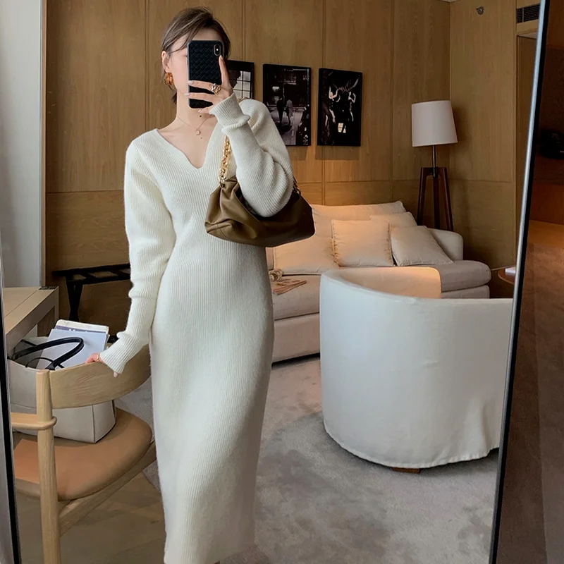 

Winter knit long dress women v-neck long sleeves high waist slim retro dress