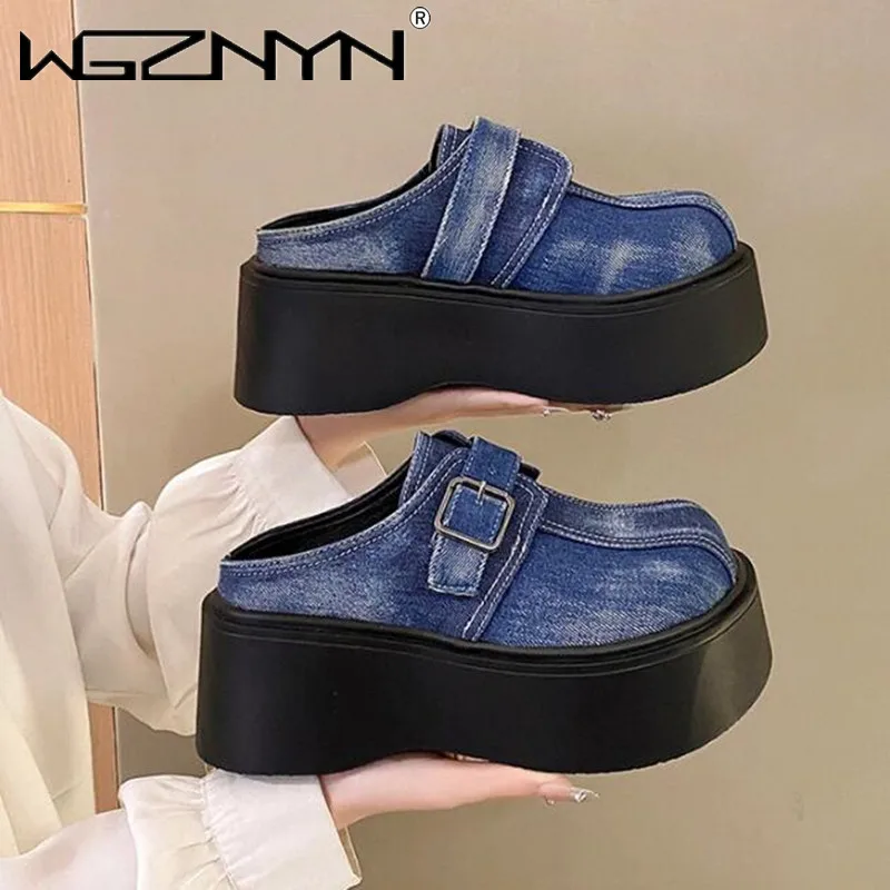 Джинсовые женские тапочки на танкетке роскошные массивные кроссовки 7 5 см