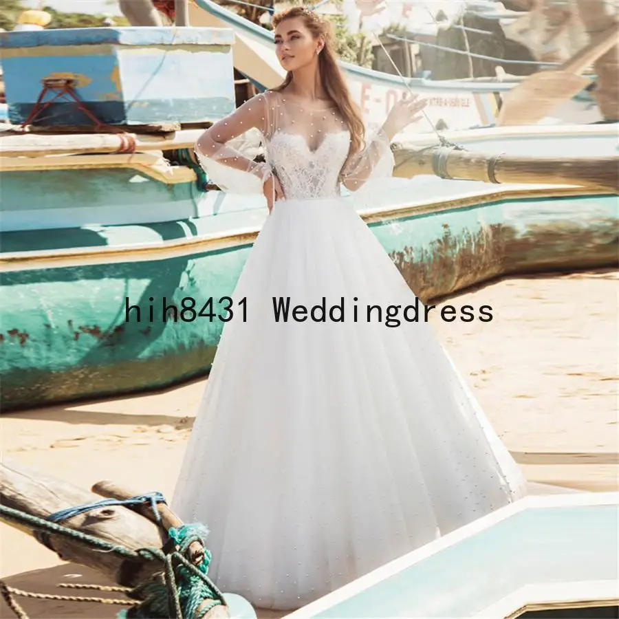 

Scoop Long Sleeves Pearls Beaded A-Line Wedding Dresses Bridal Gowns Custom Online Formal Robe De Mariee Pleated Luxurious