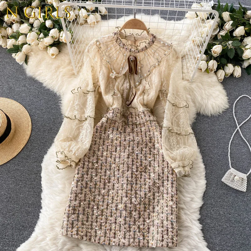 

N GIRLS2022 Light Luxury French Style Woman Dress Heavy Industry Beaded Chic Design Vestidos Mujer Ladies Temperament High-end