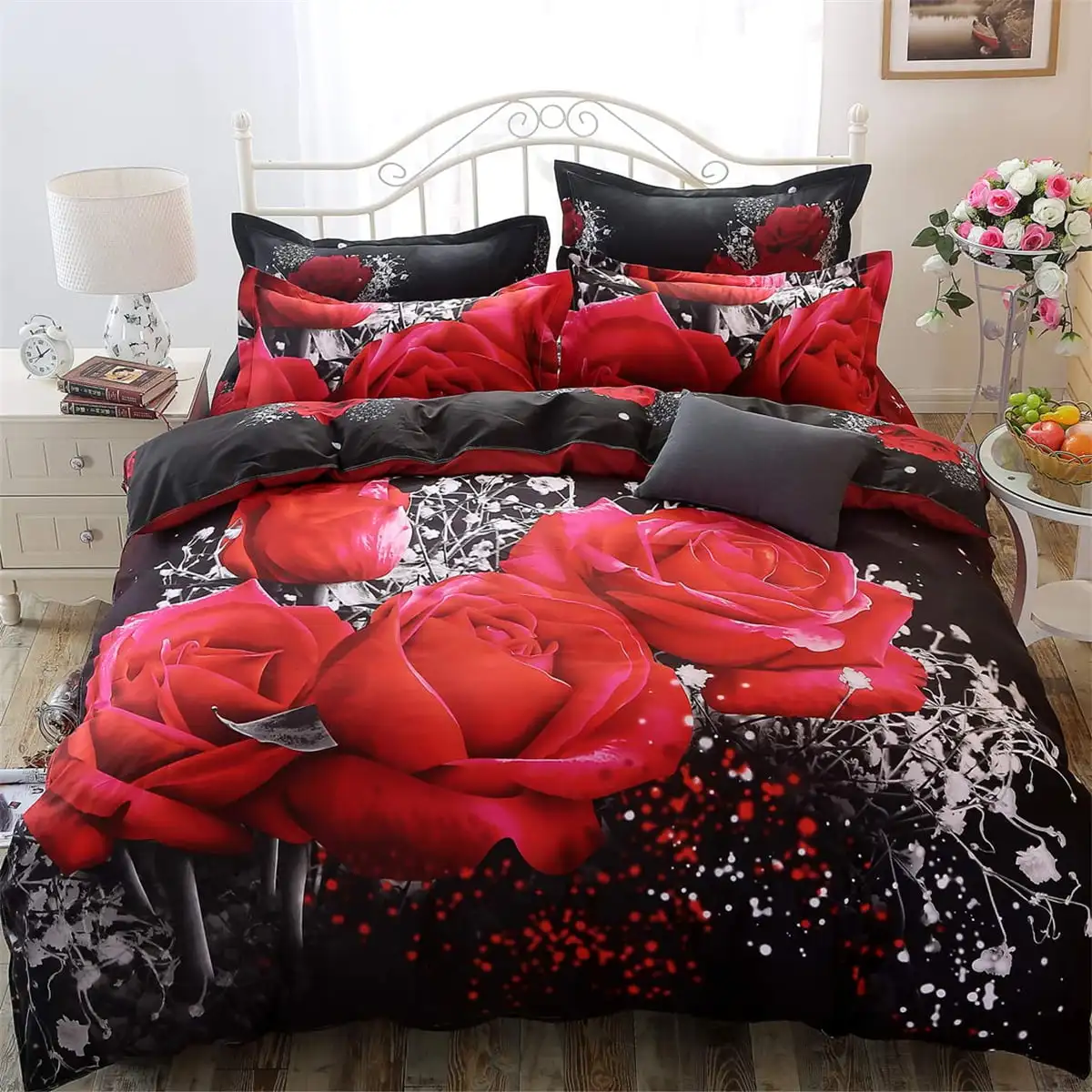 

4Pcs Set Red Rose Pattern Printed Bedding Set without Quilt Inside Bedclothes Home Textiles King Size Quilt Cover Bed Sheet 2 Pi