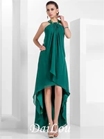 a line elegant high low cocktail party prom dress halter neck backless sleeveless asymmetrical chiffon with pleats beading