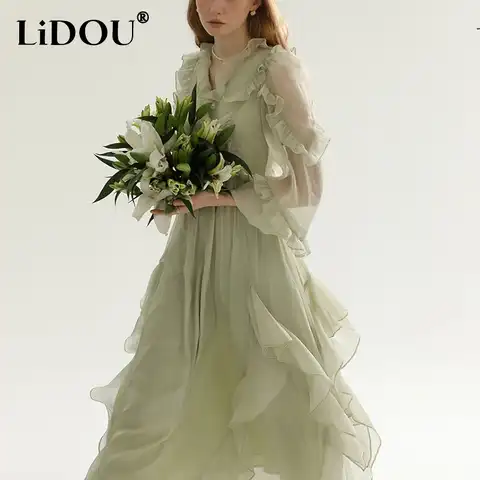 Spring Summer New Fairy Ruffles V-neck Mesh Dress Ladies Temperament Waist Sweet Vestidos De Fiesta Robe Femme Women's Clothing
