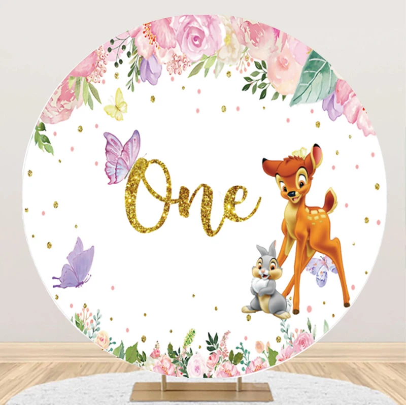 

Round Circle One Bambi Backdrop Cover Newborn 1st Baby Shower Happy Birthday Party Photograph Background Photo Banner Decoration