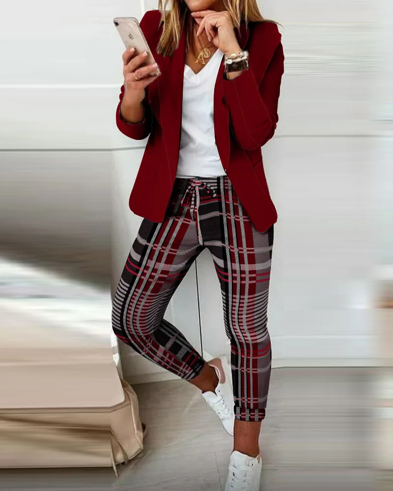 

Женский комплект из блейзера и брюк, повседневный блейзер с шальным воротником и брюки в клетку на завязках, осень 2022