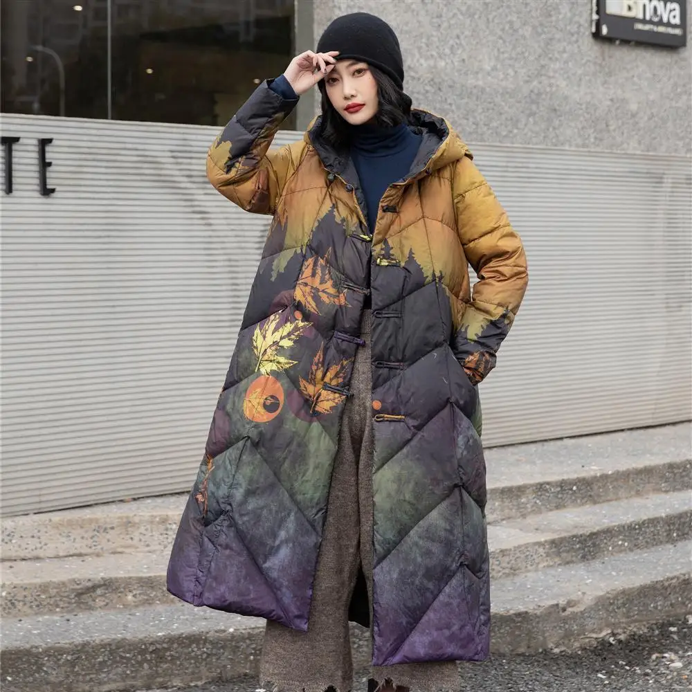 2022 Autumn Winter Women's Hooded Down Jacket New Style White Duck Down Coats Thickened Warm Middle-Aged Print Overcoats A58