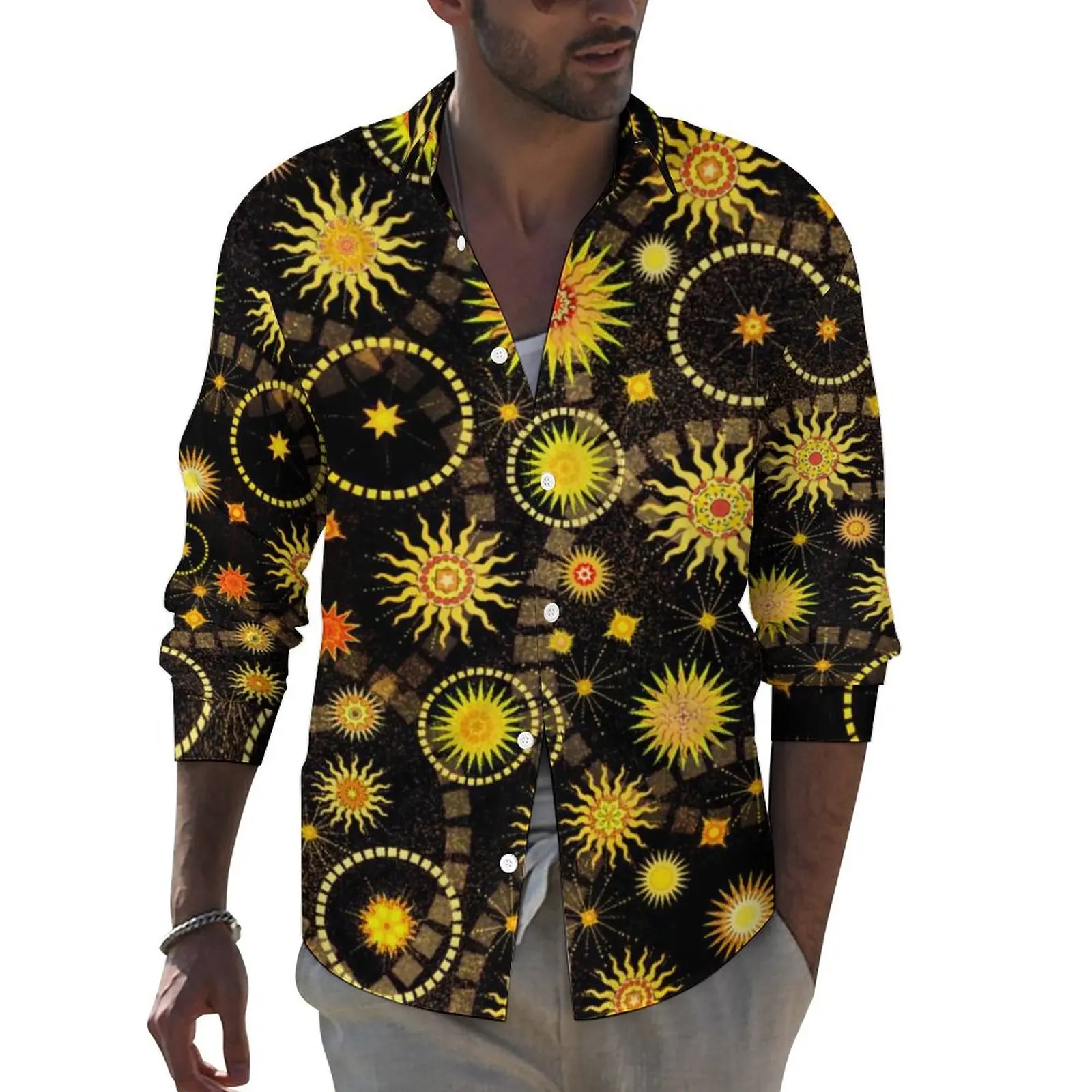 

Abstract Sun Casual Shirts Man Gold Stars Print Shirt Long Sleeve Novelty Streetwear Blouses Spring Printed Clothing Plus Size