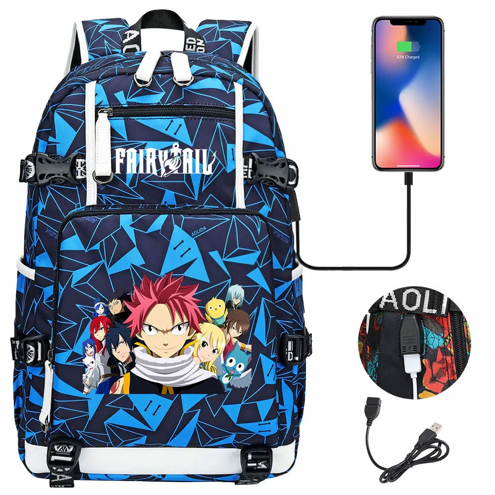 

Anime Fairy Tail Backpack USB Knapsack High Capacity Zip Rucksack Student Cartoon Schoolbag Teenager Packsack Travel Laptop Bag