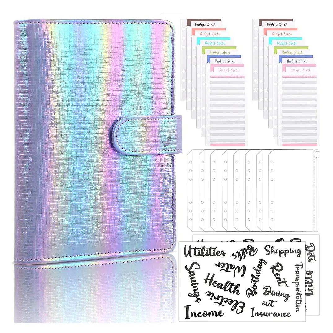 

A6 PU Leather Budget Binder Cash Envelopes Planner System with Clear Zipper Pockets,Expense Budget Sheets, Letter Sticker Labels