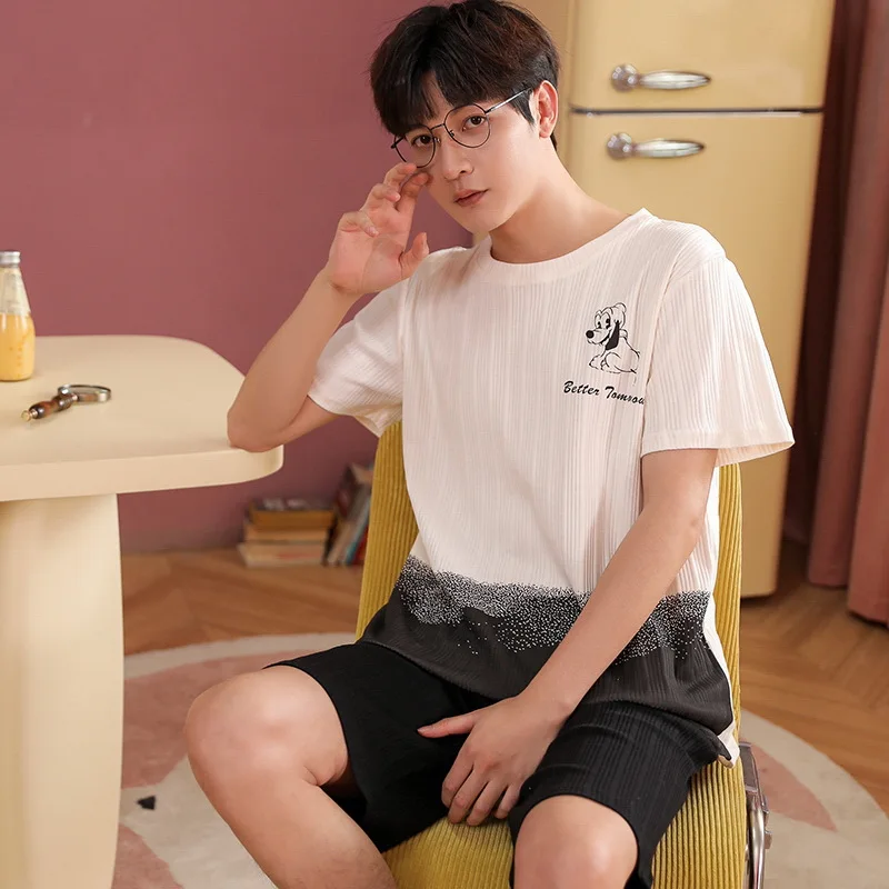 Men Summer Short Sleeve Pajama Sets Breathable Organic Cotton Soft Confort Leisure Home Causal Male Sleepwear