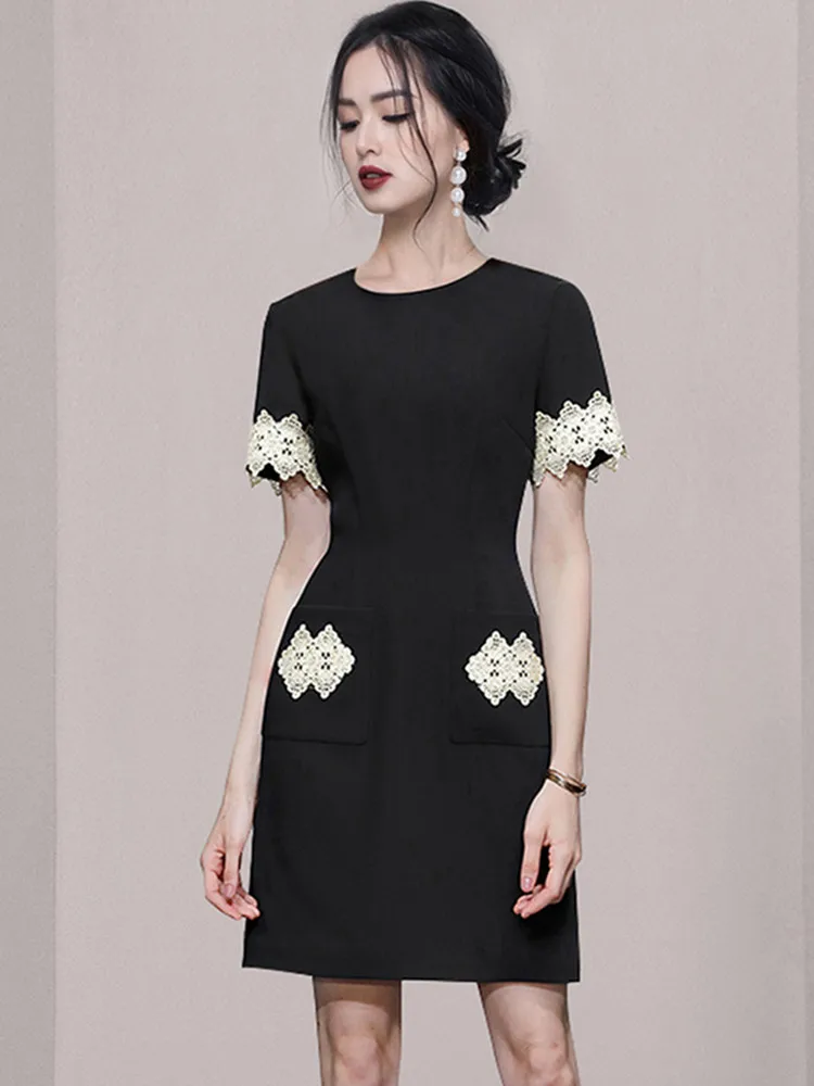 

SMTHMA New Fashion Korean Round Neck Short Sleeve Lace Black Dress Women Slim Waist Elegant Dress Vestidos Female Clothing