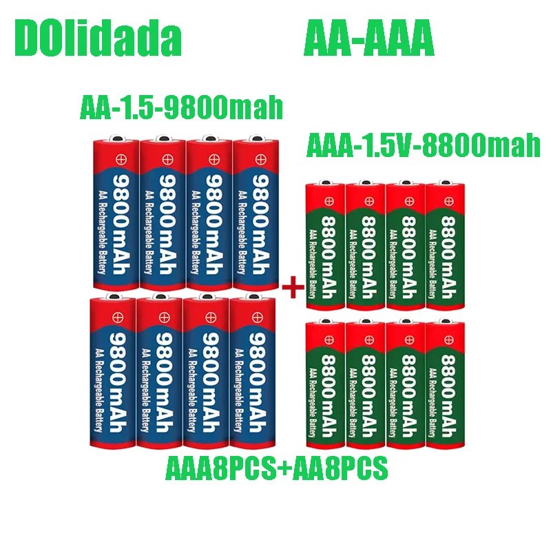 

Dolidada 1.5V AA 9800mAh+1.5V AAA 8800mAh Alkaline Rechargeable Battery for Clock Toy Camera Game Console Microphone Shaver