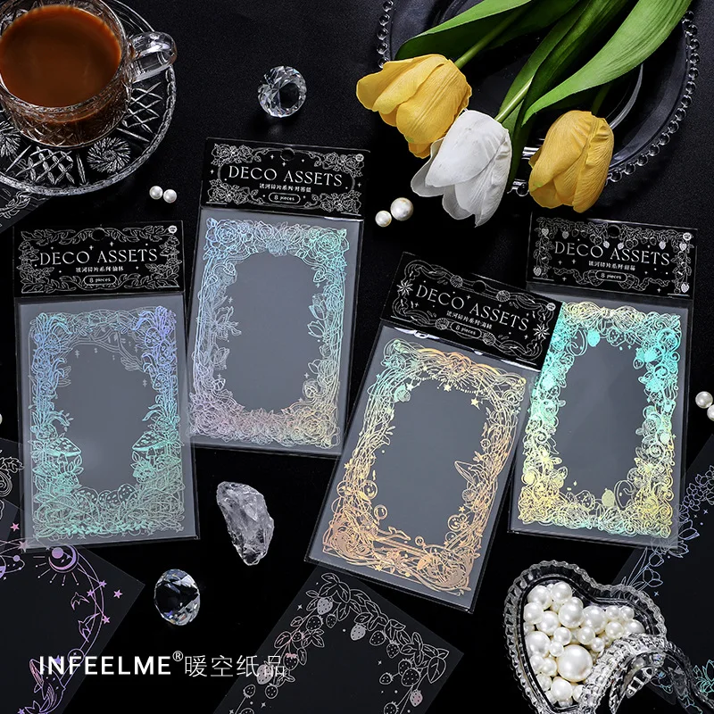 

10 шт. ПЭТ Золотая штампованная Лазерная Рамка Коллаж Карта Galaxy яркая серия ретро фантазия Скрапбукинг фоторамка наклейка Канцтовары