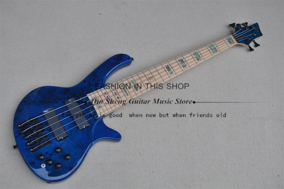 

5 String Electric Bass Guitar, deO Blue Bass, Black Bridge,19mm Widened String Spacing Colored Shell Mosaic,ASH Wood Body Active
