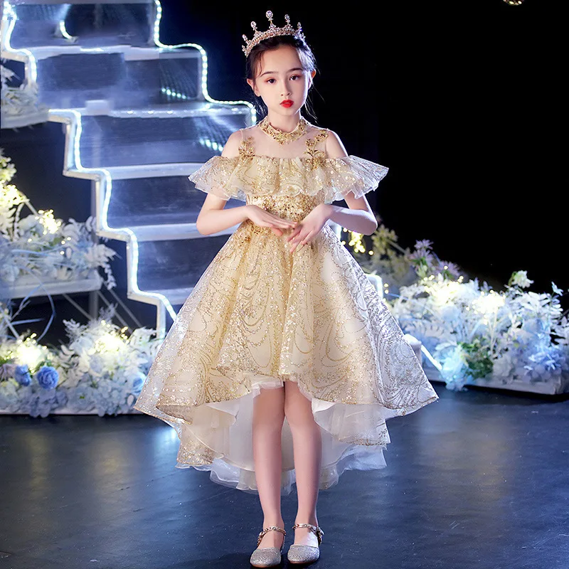 

Children's host dress 2023 spring girl piano playing little girl catwalk flower child princess skirt Peng Peng yarn