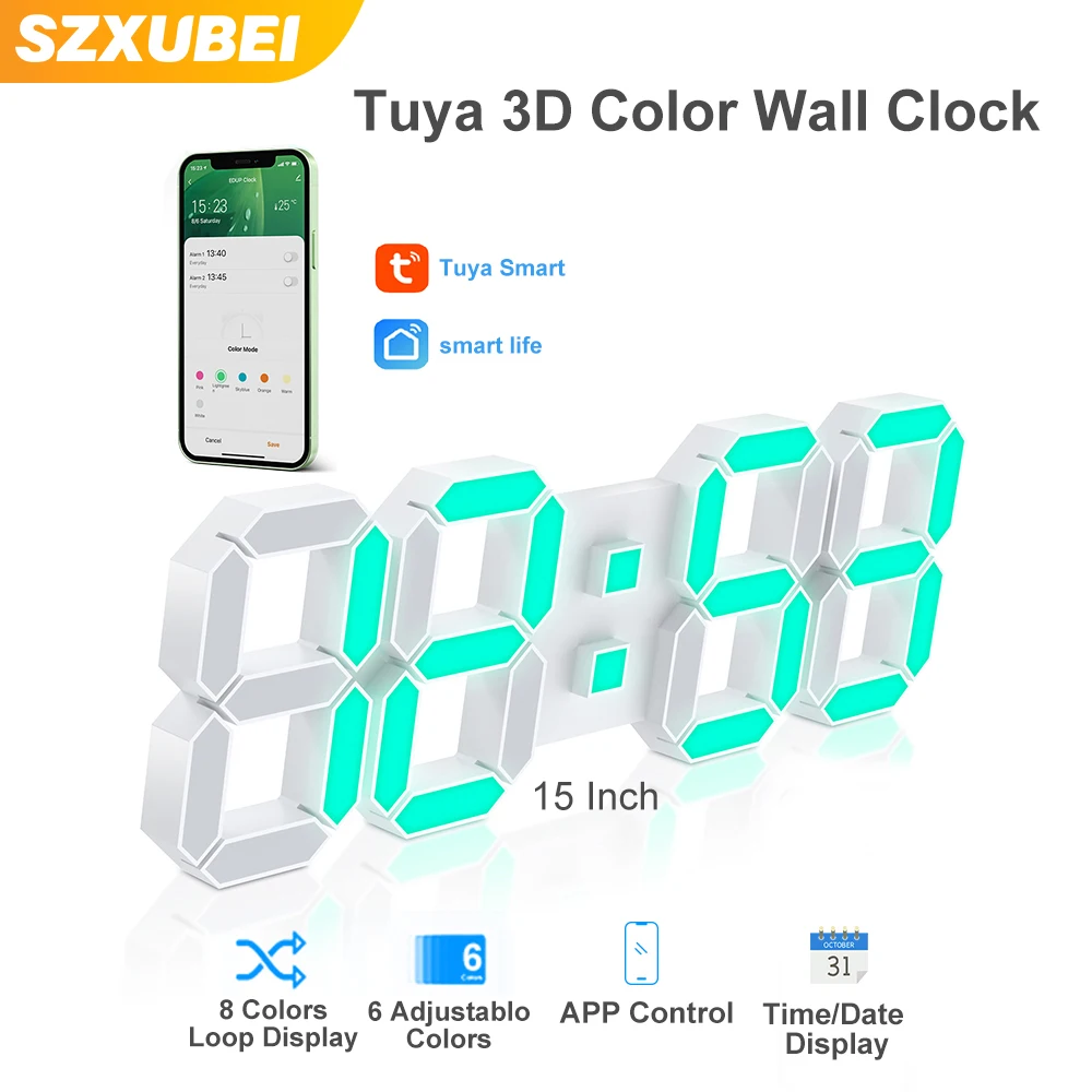 SZXUBEI Tuya Alarm Clock 3D Led Wall Digital Color Clock 15Inch Nordic Wall Clock Snooze Table Clock Calendar Thermometer Watch