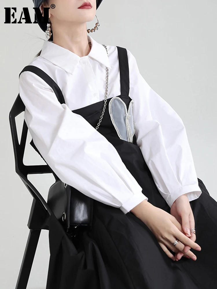 

[EAM] Women White Brief Big Size Blouse New Lapel Long Lantern SLeeve Loose Fit Shirt Fashion Tide Spring Autumn 2022 1DE3558