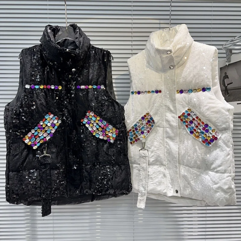 

BORVEMAYS Colours Beading Vest Autumn Winter New Stand Collar Sleeveless Patchwork Zipper Cotton Coat Thickening WZ5561