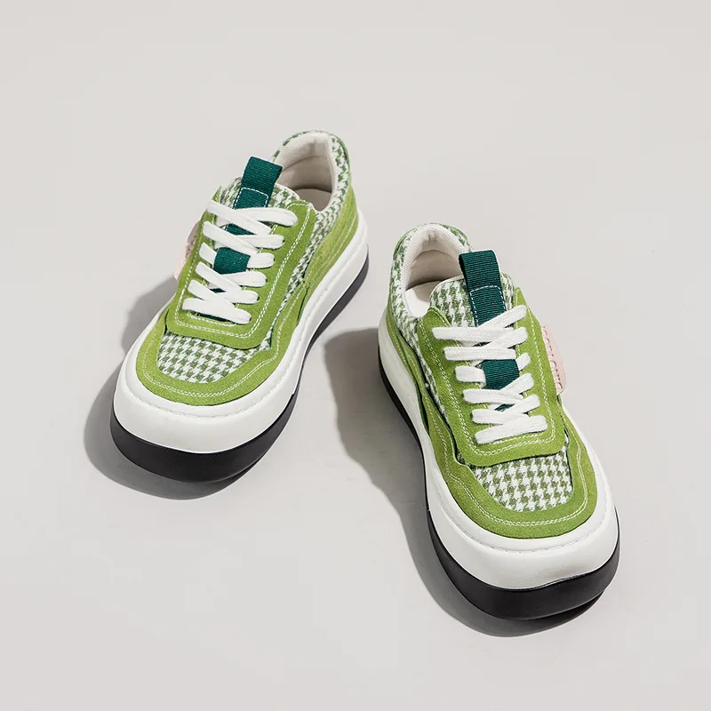 Autuspin Green Plaid Canvas Shoes Women 2023 Fashion Four Season Casual Platform Suede Vulcanized Sneakers Outdoor Students