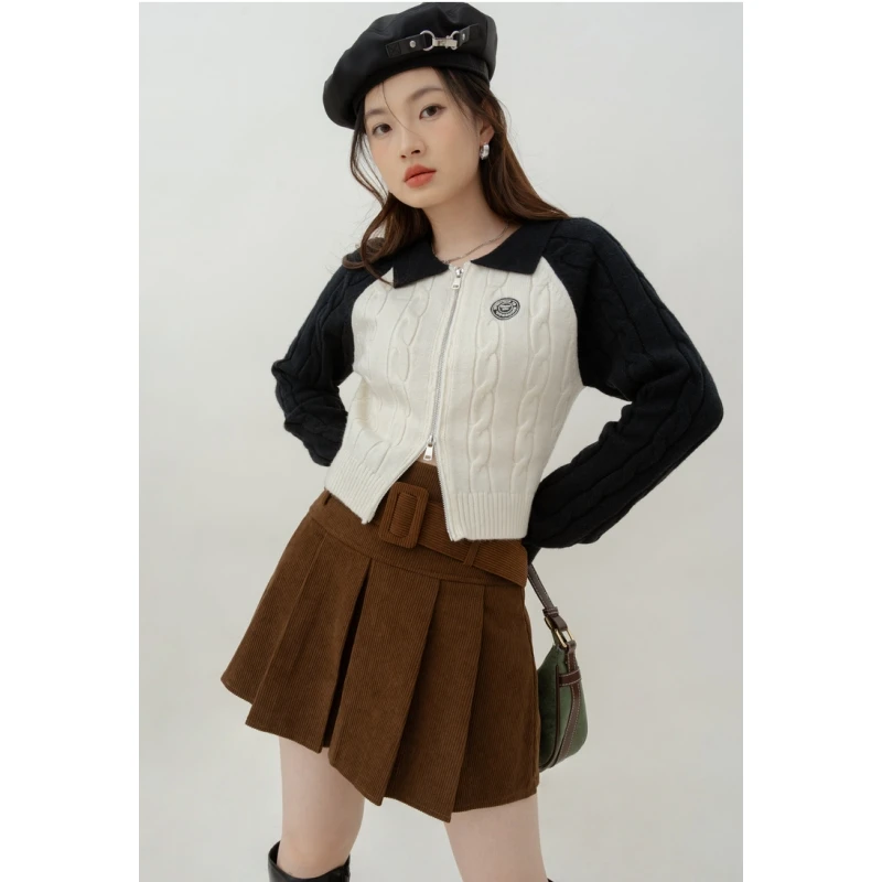 

Women's Clothes Black Cardigan Sweater Splicing POLO Collar Color Contrast Outerwear Fashion Vintage Winter Female Knitting Coat