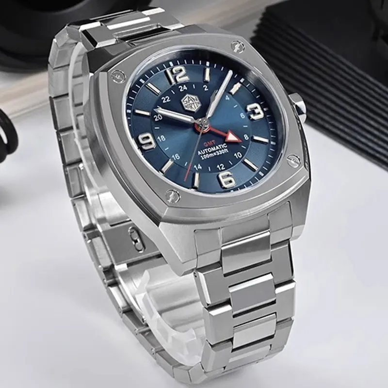 

Часы наручные San Martin GMT Мужские механические, Модные Винтажные Классические Автоматические, с сапфировым стеклом, 10 бар, для дайвинга, цвет синий