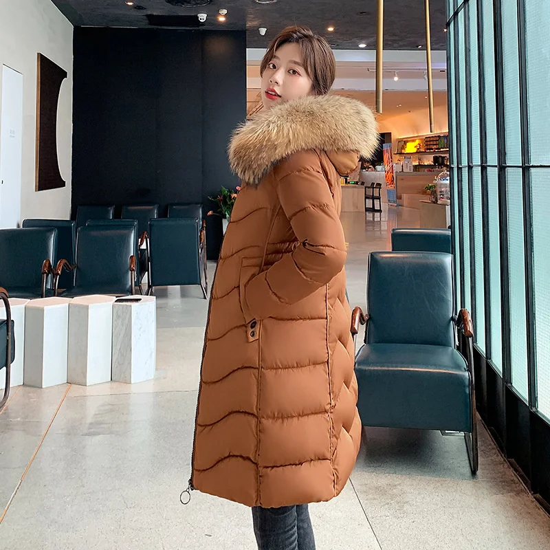 Winter new long thickened large wool collar Korean version slim fit