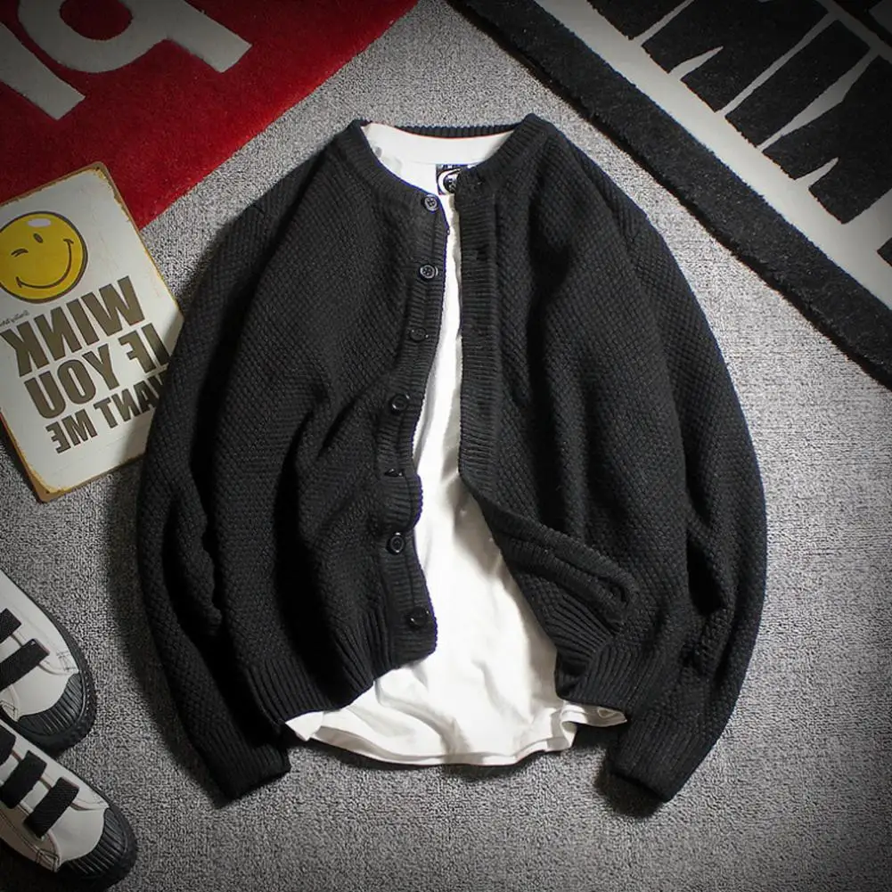 Stylish Knitting Cardigan O-Neck Comfy Male Single Breasted Knitted Cardigan Sweater  Elastic Sweater Coat for Work