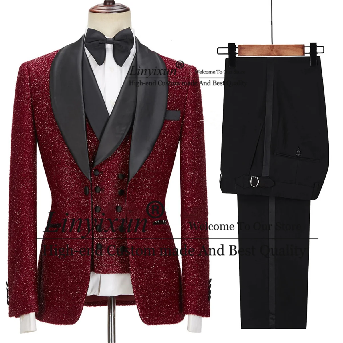 

Shiny Burgundy Men Suit For Wedding Black Shawl Lapel Groom Tuxedos For Groomsmen 3 Pieces Set Male Prom Blazer Terno Masculino