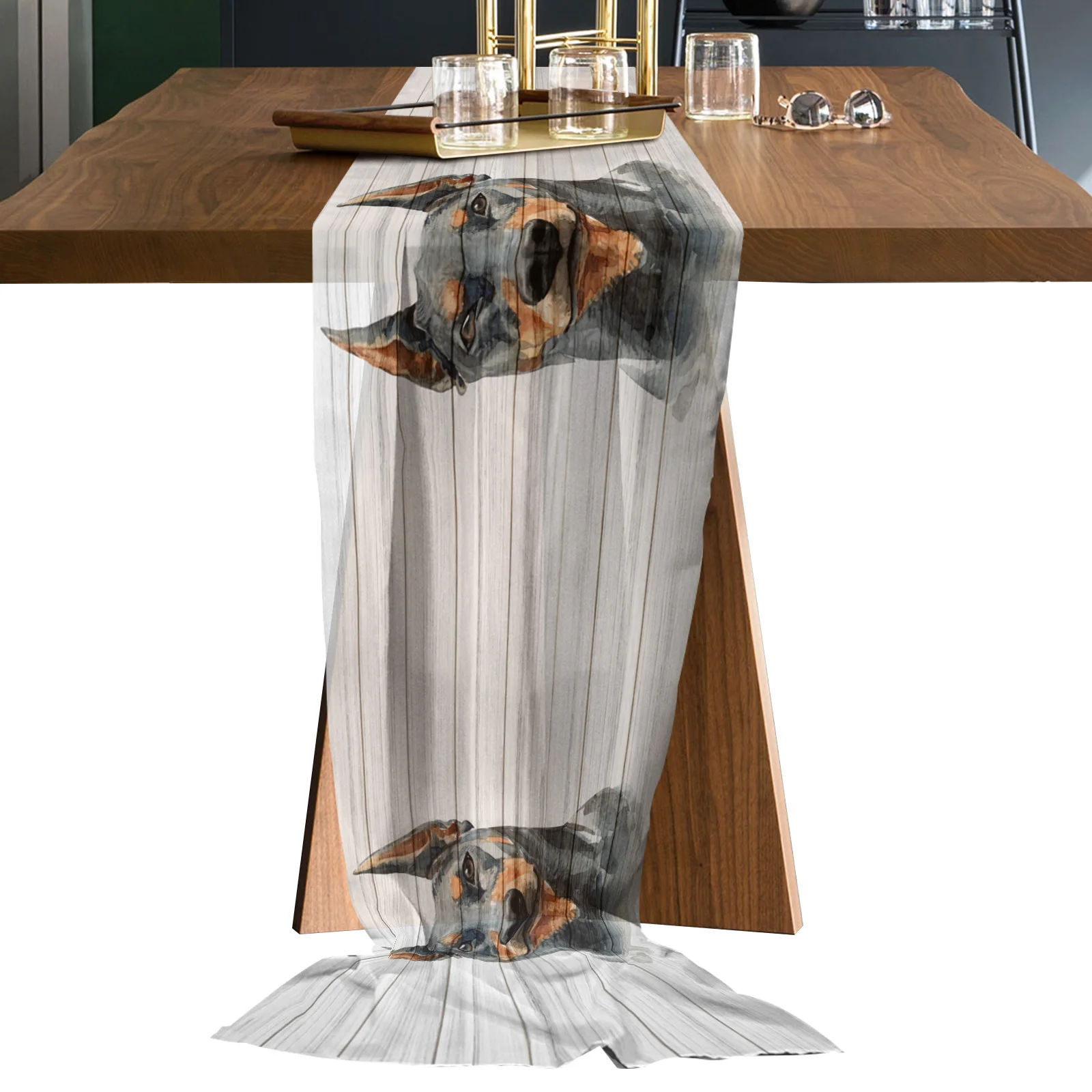 

Doberman Pet Dog Plank Chiffon Table Runners Wedding Party Decor Tablecloth Gauze Table Runner for Home Coffee Table