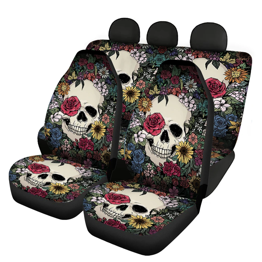

3D Gothic Skull Front/Back Car Seat Covers Comfortable With Flowers Design Car Interior Seats Protector Slip-Resistant Fashion