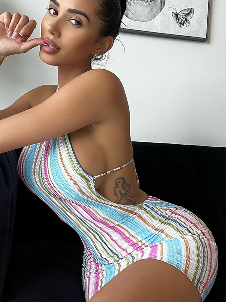 

Abdieso Striped Print Sexy Backless Women Summer Bodycon Dress Hollow Out 2022 Halter Sleeveless Mini Party Dresses Beachwear