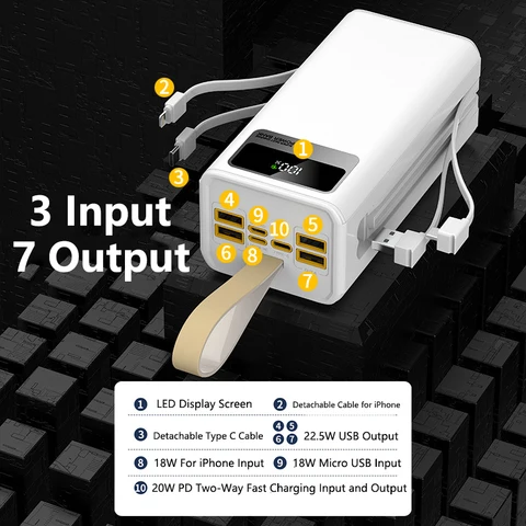 Power Bank 50000 мАч со встроенным кабелем 22,5 Вт PD Быстрая зарядка Powerbank Портативное зарядное устройство для iPhone 16 Xiaomi Samsung