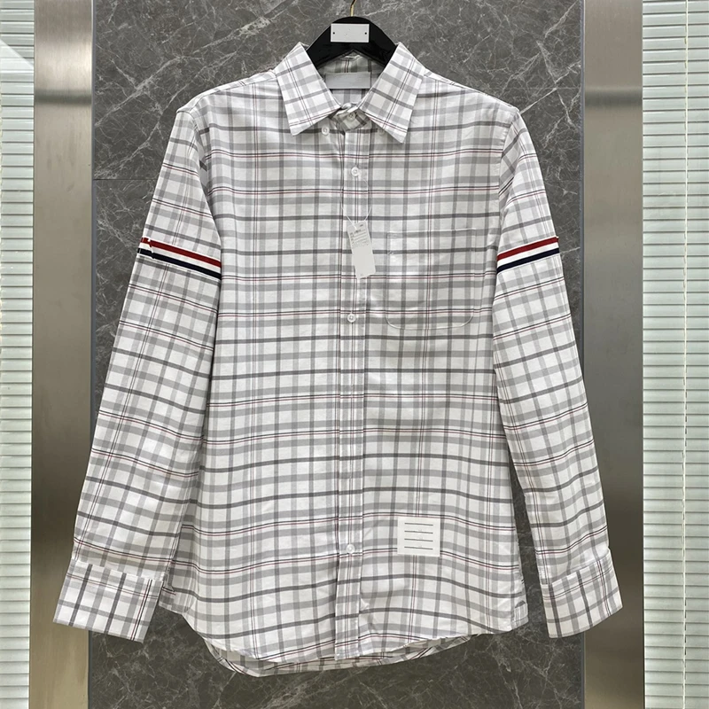 TB Flannel Plaid Shirts Fashion Male New High Quality Streetwear Casual High Quality Male Retro Long Sleeve Blouses Oxford Cloth