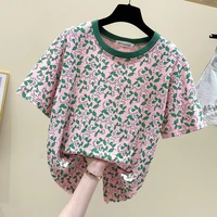 womens fashion summer new floral round neck short sleeved loose top trendy tees casual vintage clothes tops