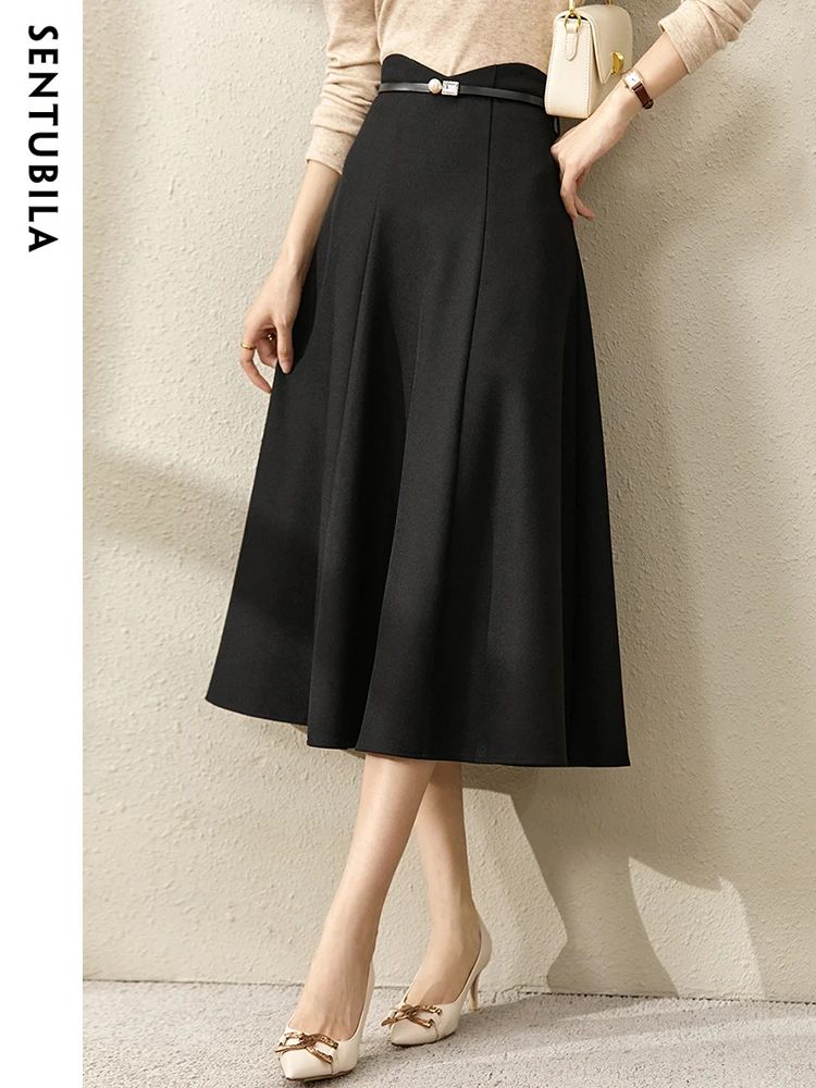 

Sentubila A Line Flared Swing Black Skirt for Women 2023 Spring Pearl Leather Belt Solid Chic and Elegant Vintage Midi Skirts